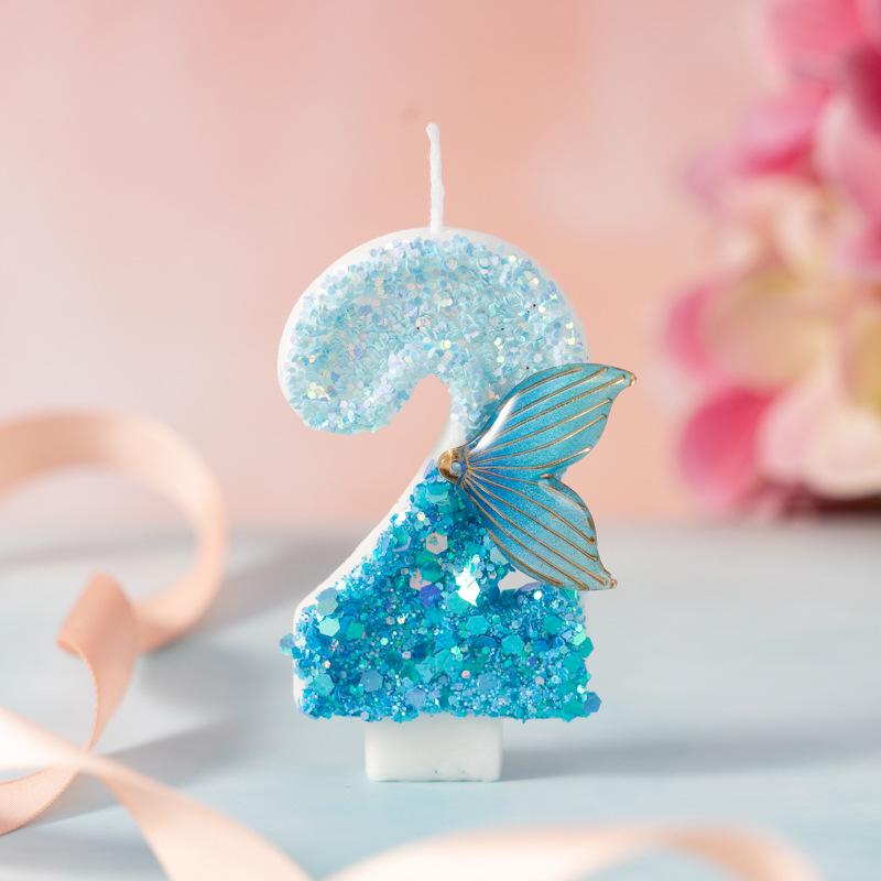 Creative Blue Gradient Mermaid Tail Number Candle for Children's Birthday Cake Party, Age One