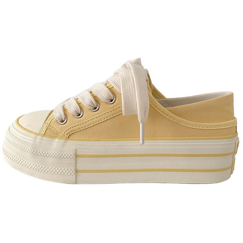 Dikke Bodem Canvas Schoenen Dames Ronde Neus Platte Veters Dubbele Band Veelzijdig Dunne Zool Board Schoenen Ademend Laag Uitgesneden Casual