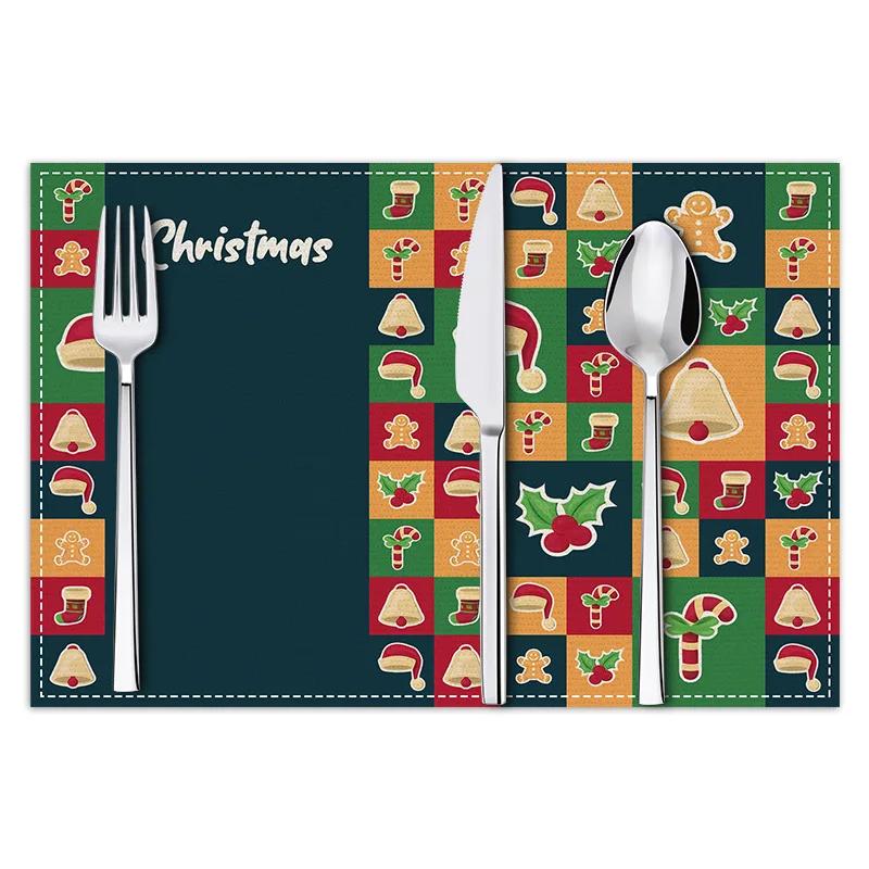 Christmas Plaid Placemat Linen Christmas Tree Snowman Print Table Mat Party Decoration Insulation Mat 30 X 45cm Coaster Placemat