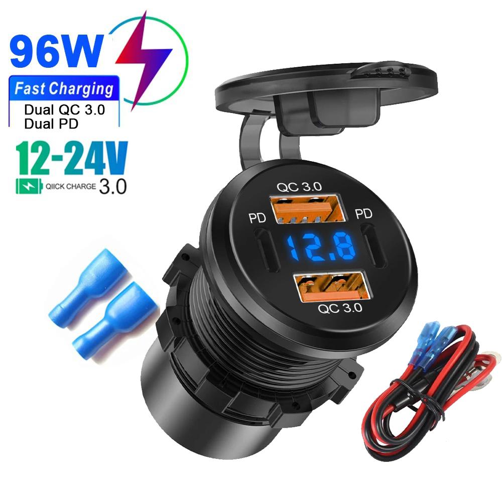 96W Car Charger Power Outlet Socket Dual QC3.0 & Dual PD3.0 USB Socket with Voltmeter 12-24V Waterproof for Car Boat Truck