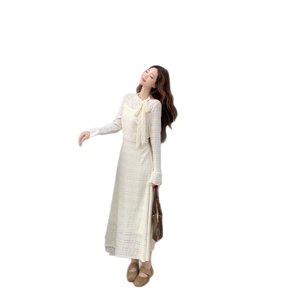 Women's High Neck Lace Crochet Dress with Bow Tie Waist, Long Sleeve, New 2026 Style