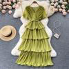 French niche design sense elegant temperament V-neck cake dress women's lace-up waist seaside vacation chiffon skirt