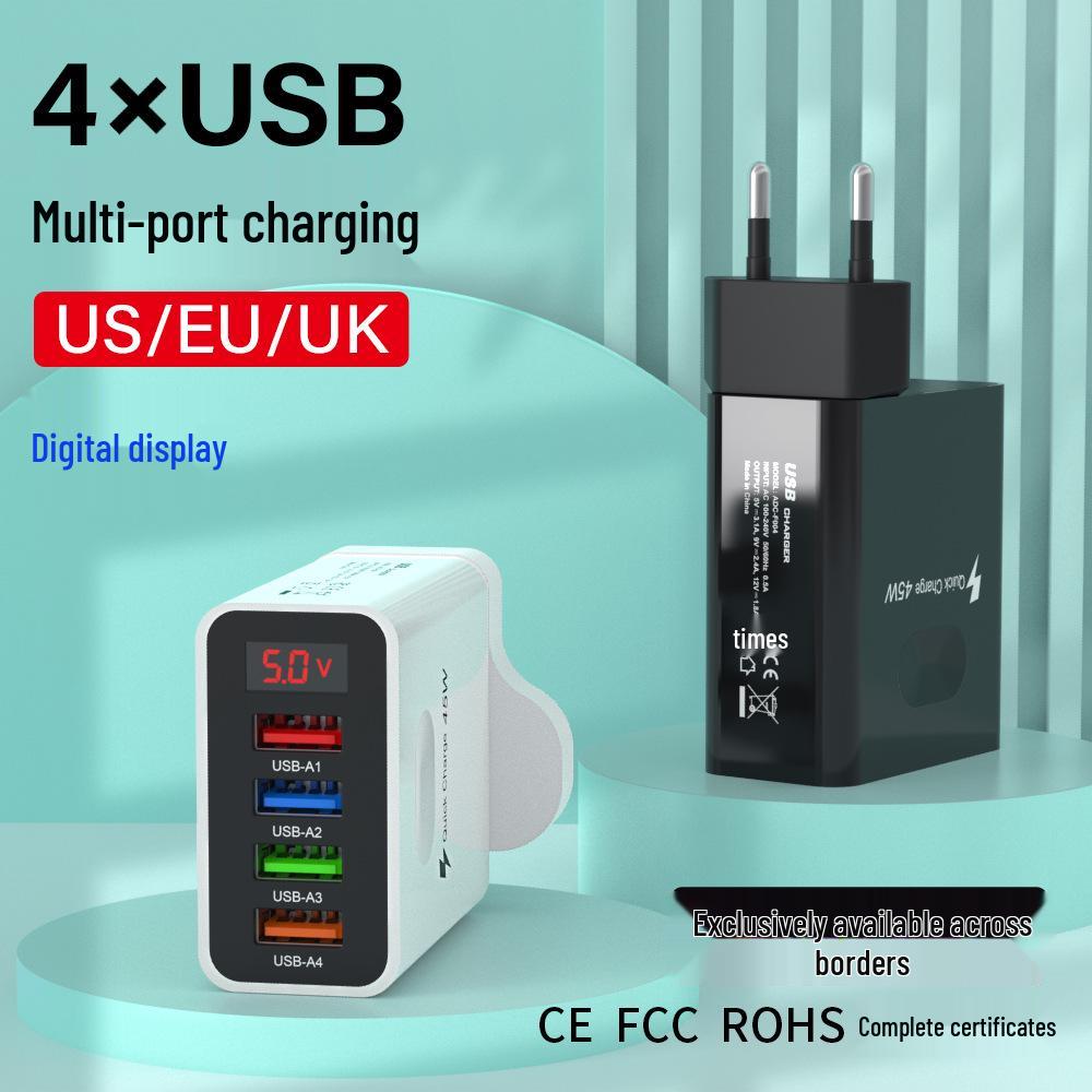 45W Multi-Port USB Charger with Digital Display - 3.1A, EU/US/UK Plug