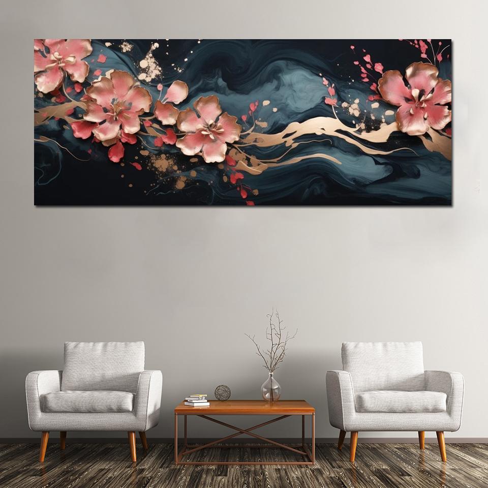 Pittura su Tela Floreale Art Fluid Moderna Arte Murale Poster e Stampe Fiore Dorato Marmo per Decorazione Parete Soggiorno Senza Cornice