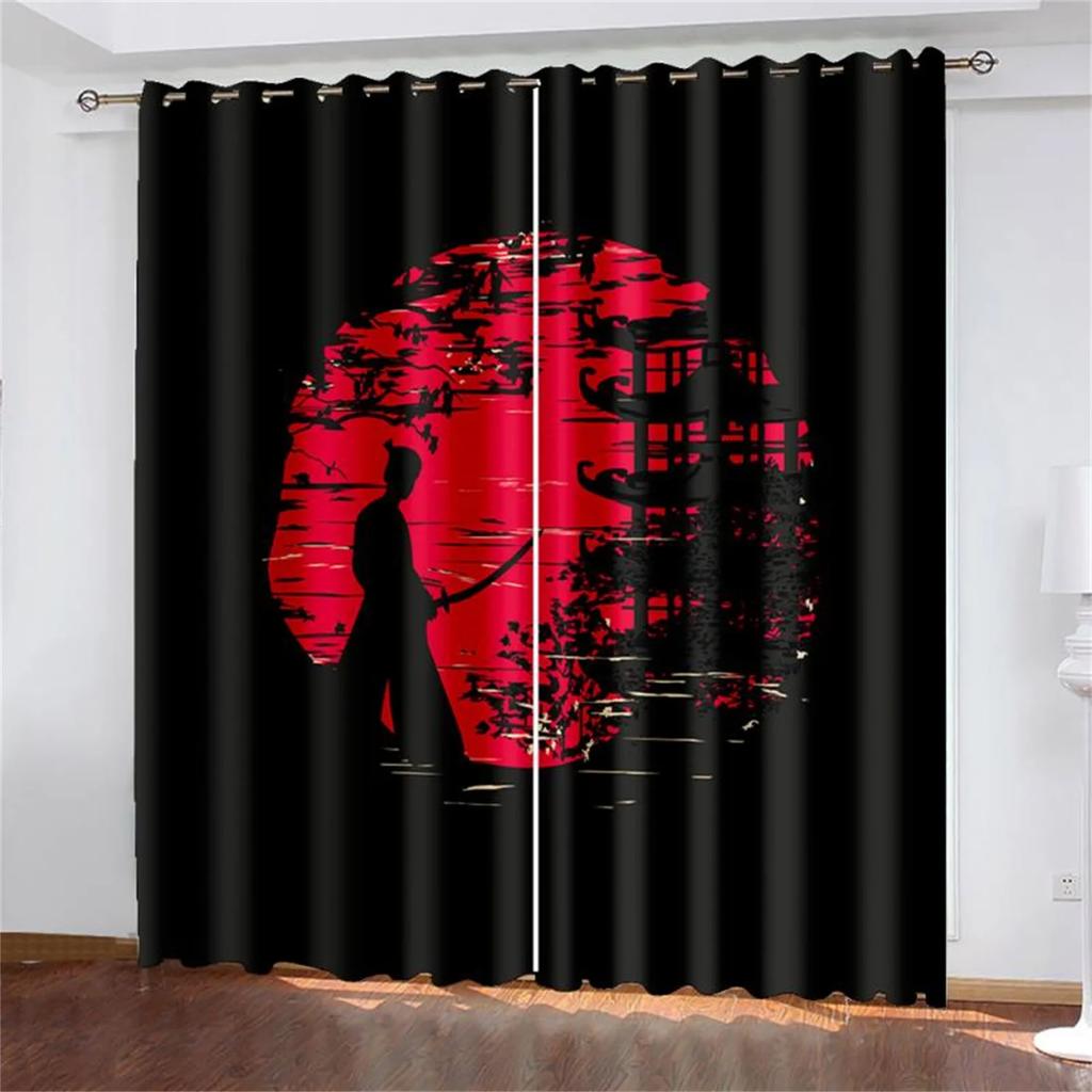 Japanese Style Wave Sun Samurai Manga Caricature Animation Light Filtering Drapes 2 Panelss Thin Window Drapes For Bedroom Space Living Space