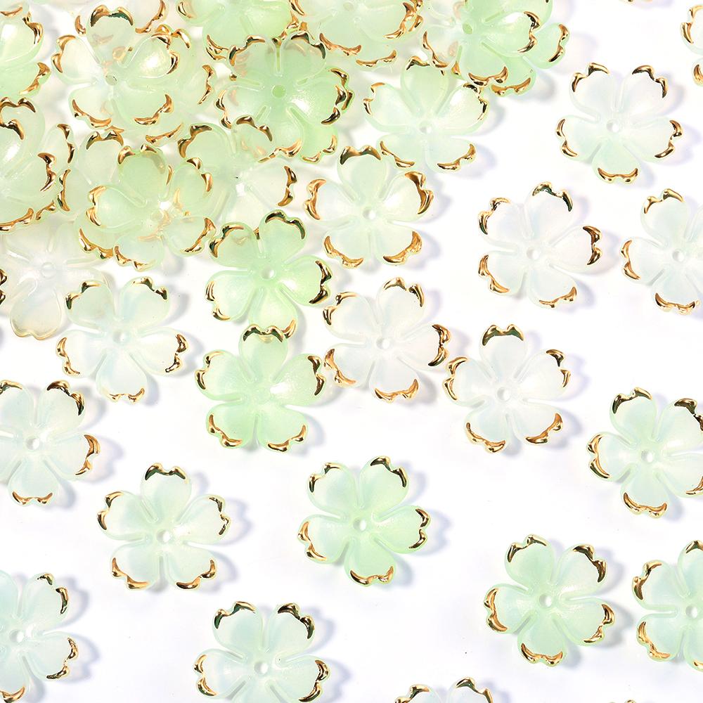 50pcs/lot Colorful Cherry Blossom Acrylic Beads Golden Brushed Patter Petals Charm Connectors For Jewelry Making DIY Acessories