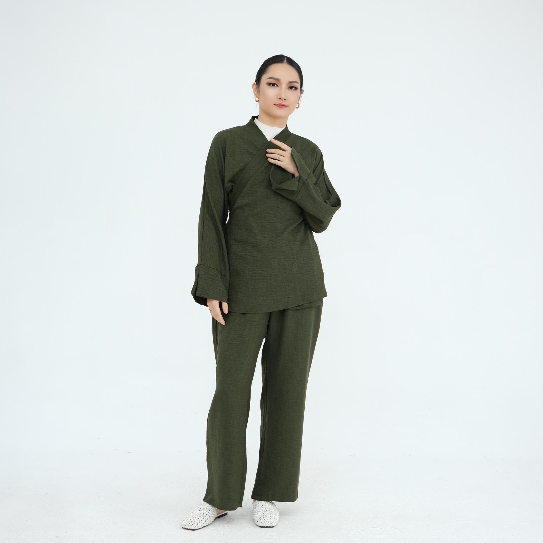 Plus Size Lace-Up Top and Long Pants Set - Real Shot 835 XS/S