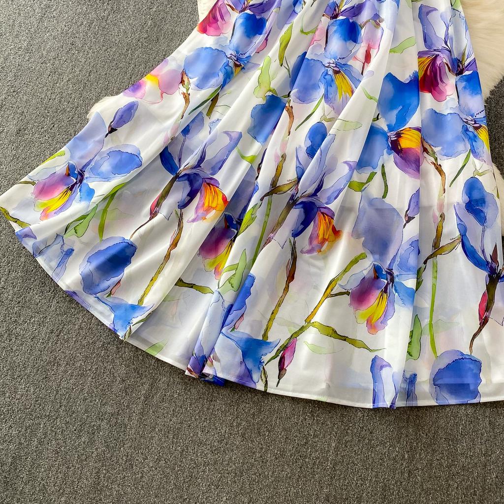 Charming and Elegant Vacation-Style Square-Neck Spaghetti-Strap Dress for Women Summer Dopamine Print A-Line Maxi Dress