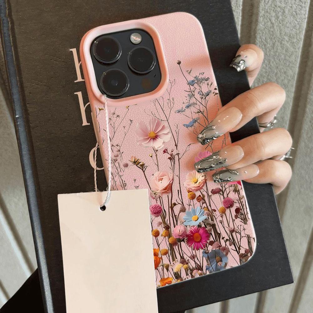 INS Cool Flower Lavender Luxury Lichee leather pattern Phone Case For iPhone 17 16 15 14 13 12 11 Air Pro Max Plus X XR XSMax