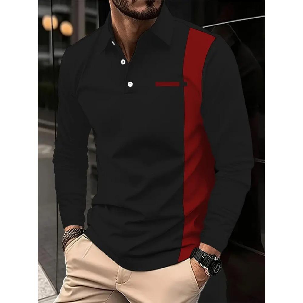 Fashion Men's Sweatshirt Long Sleeve Lapel Top Button Down Striped Polo Shirt