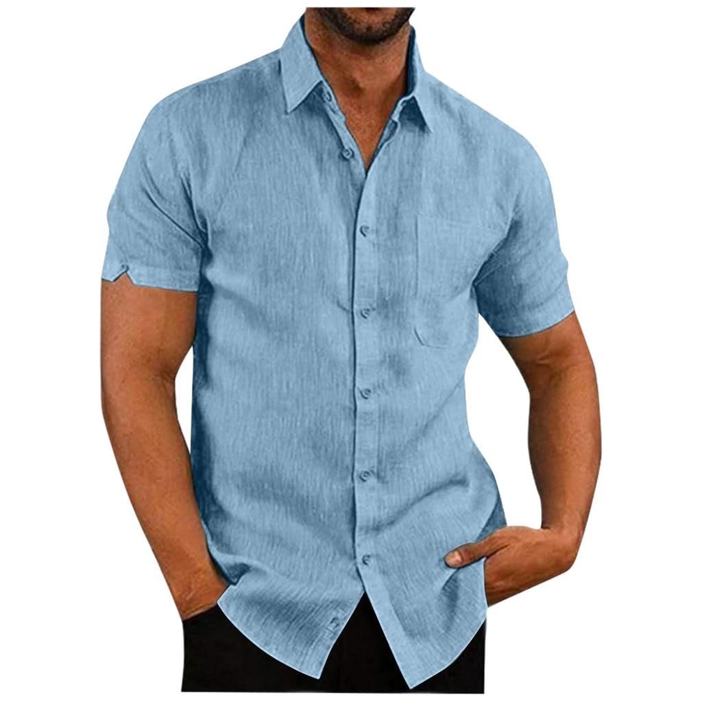 Men's Spring Summer Casual Solid Color Cotton Loose Lapel Short Sleeve Men's Shirt Men's Tops