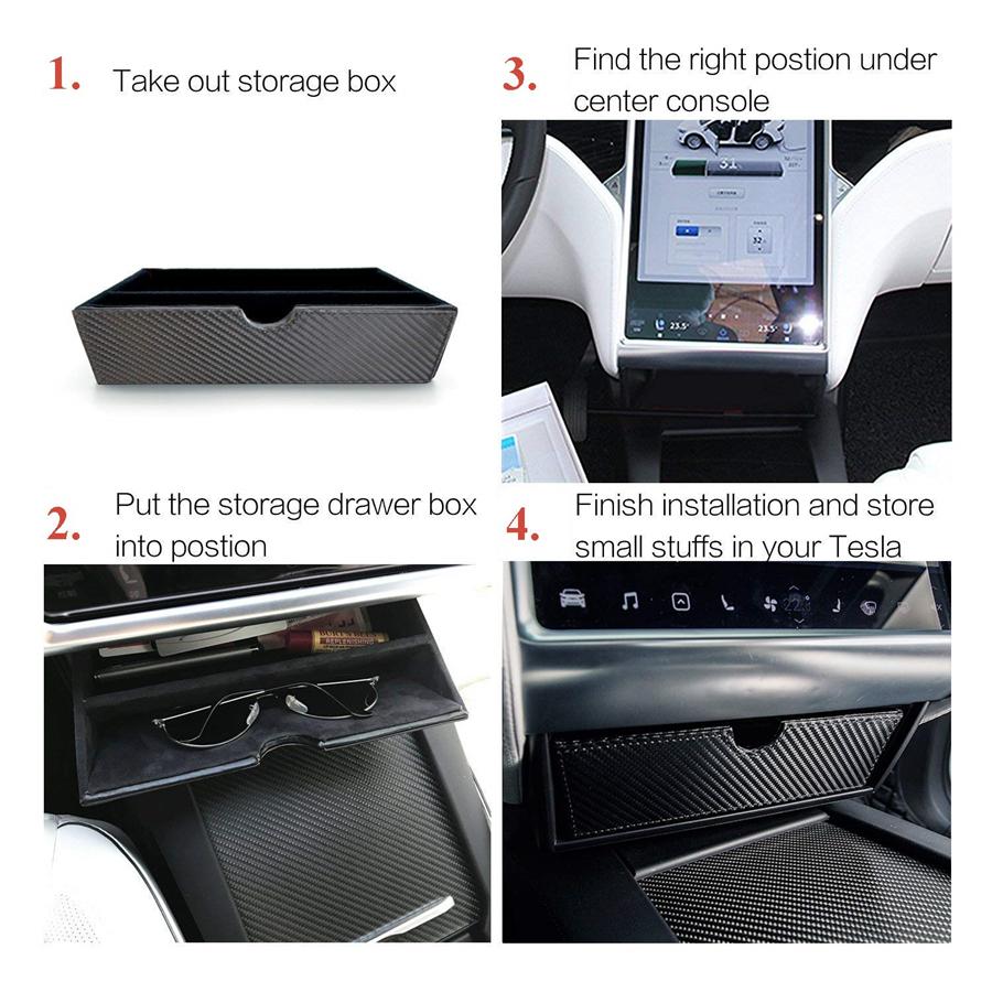 Carbon Fiber Look Center Console Storage Box Organizer Drawer Tray Fit For Tesla Model X/S