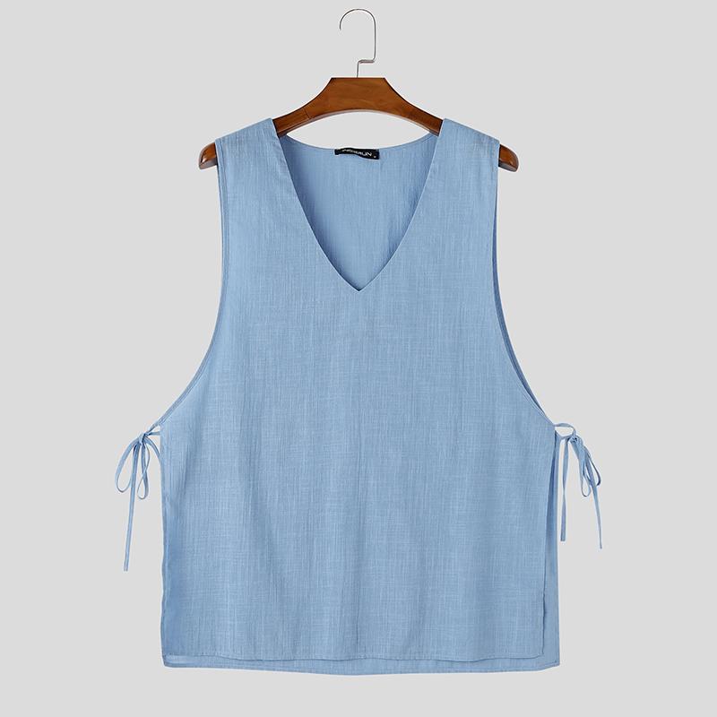INCERUN Men V Neck Sleeveless Side Lace-up Thin Casual Loose Long Tank Tops