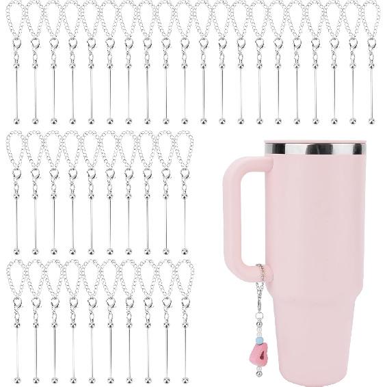 40pcs Beaded Cup Charms Compatible with Stanley Charm Accessories for Tumblers with Handle Cup, Silver Beadable Keychain Bar Chain Blank Beaded