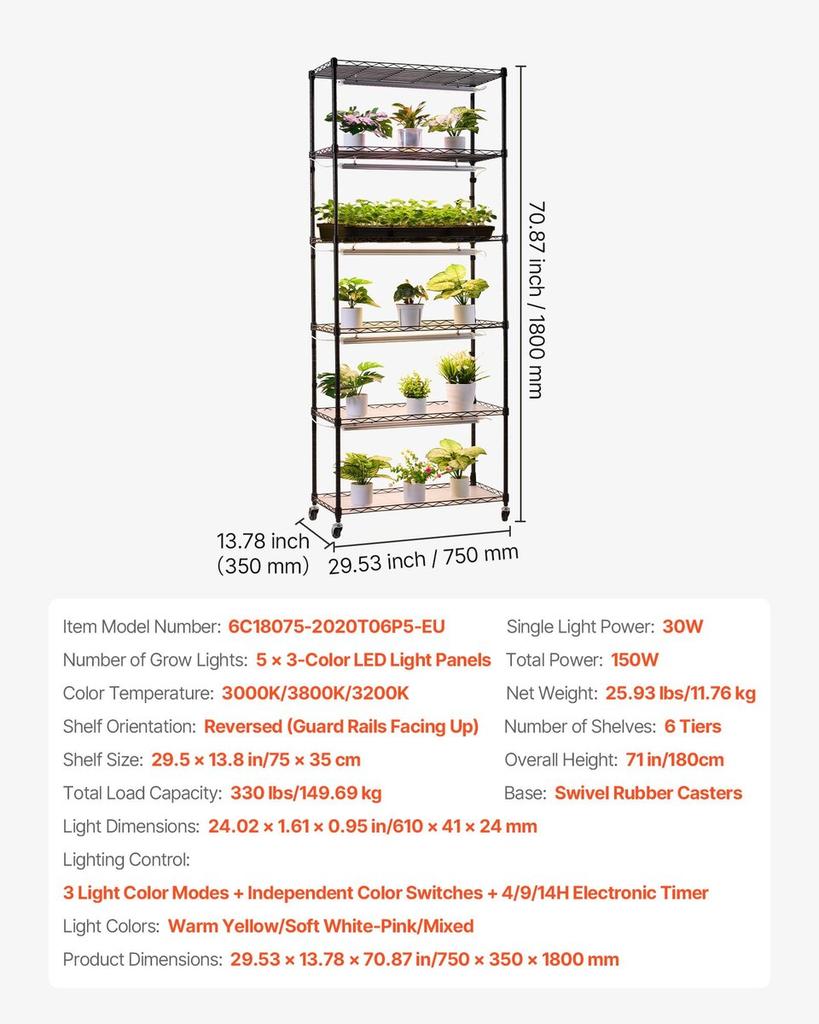 Plant Shelf with Grow Light, 6-Tier Indoor Plant Stand, 180cm Tall Plants Display Rack with Wheels & 4/9/14H Timer, 150W 3-Color Full Spectrum Grow
