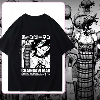 2025 Winter and Autumn Chainsaw Man T-shirt Bomb Devil Reze Merchandise Short Sleeve Anime Japanese Style Black T-shirt Clothing