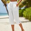 Women Cropped Pants Elastic High Waist Lace-up Straight Leg Casual Trousers with Pockets Breathable Summer Pants School Daily Wear
