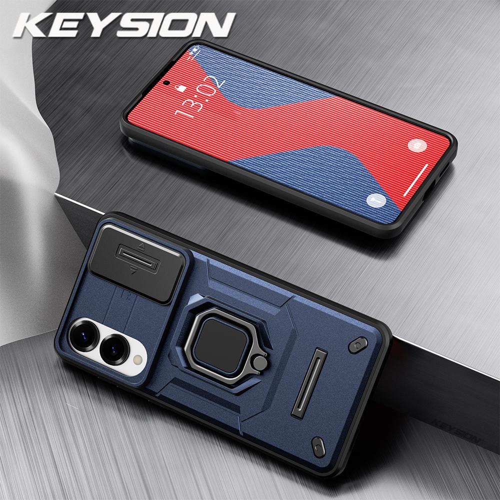 KEYSION Shockproof Case for Samsung S25 Edge 5G Slide Camera Lens Protection Ring Stand Phone Back Cover for Galaxy S25 Edge 5G