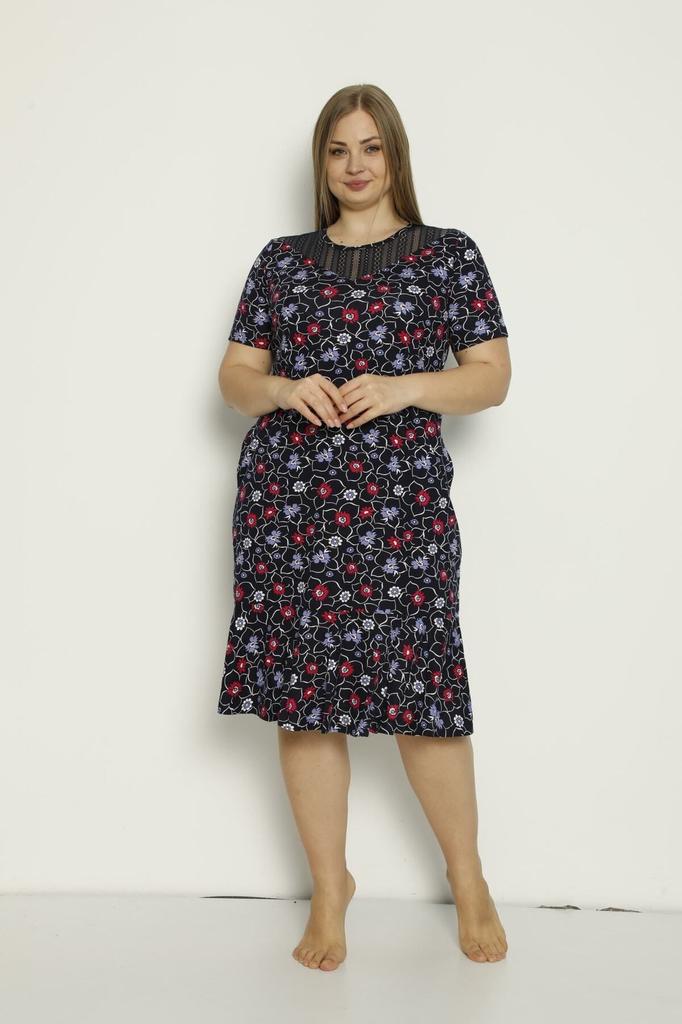 Women's Big Size Dress Patterned Pocket Tulle Detailed Combed Cotton Modal Plus Size Dress