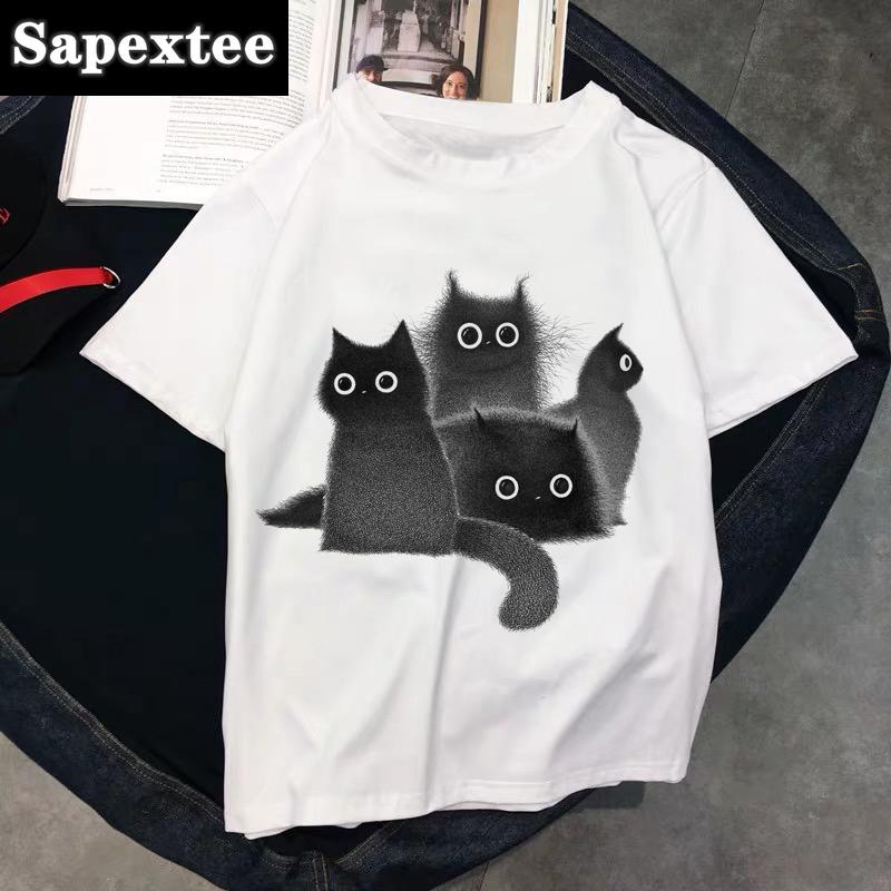 Kawaii T Shirts Women Cat New Tops Female Tshirt Loose Tshirt Summer Tee White Tshirts Round Neck Oversized T Shirt