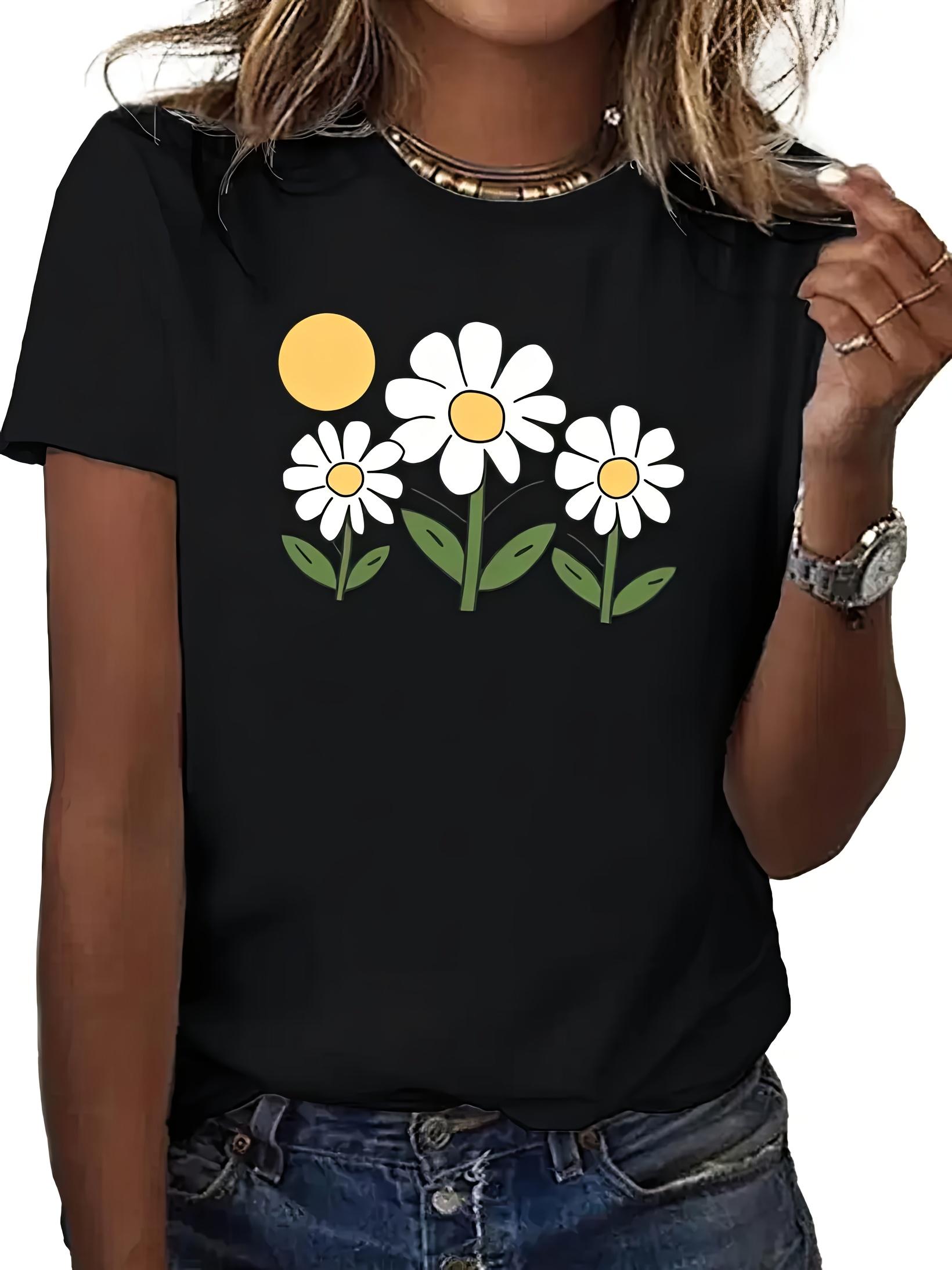 Retro floral print fashionable Womens casual fashion top summer street daily Womens versatile Tshirt S