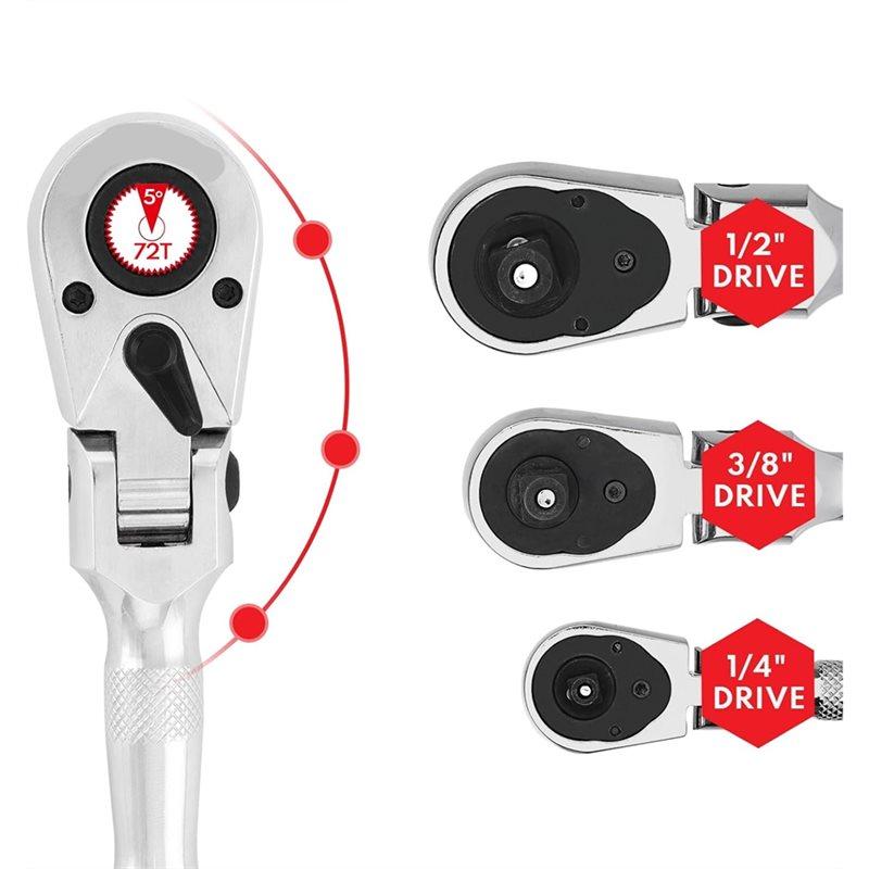 ABWR-Mini Flex-Kopf Kurzer Ratschenkasten, 1/4", 3/8", 1/2" Antrieb, 72 Zähne Schnelllöse-Flexibler Kleiner Ratschengriffschlüssel