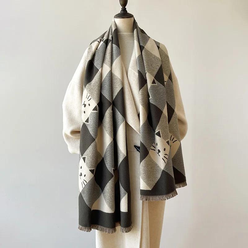 Luxury Cat Print Scarf For Women Warmer Winter Cashmere Pashmina Scarves Shawls Female Thick Blanket Wraps Foulard