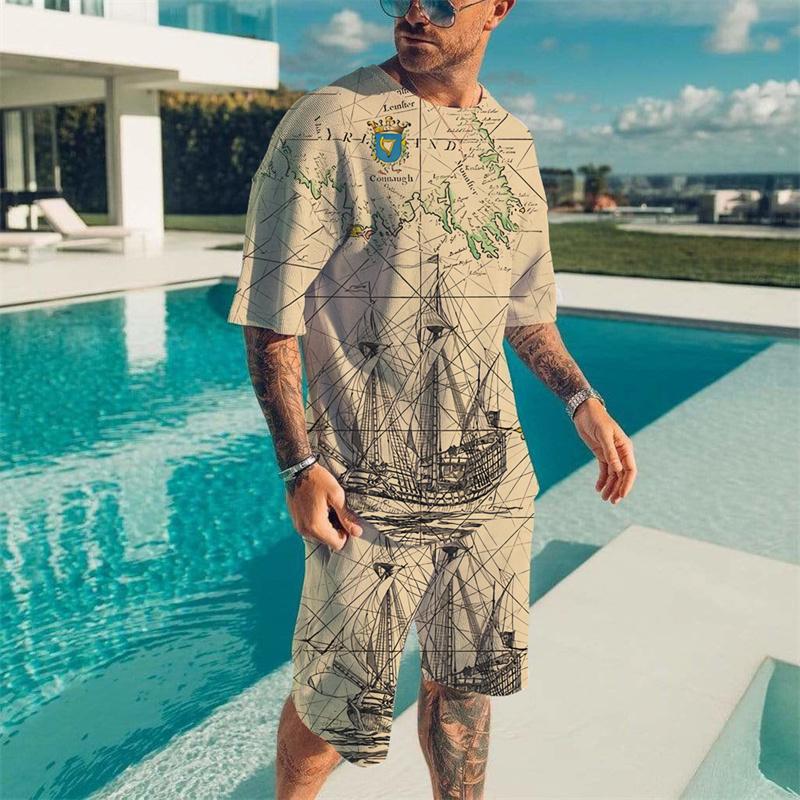 Men's Beach Breathable Short Sleeve 2 Piece Vintage Wave 3D Print T-shirt Set Summer Set Men's Fashion Tops Set Men's Clothing