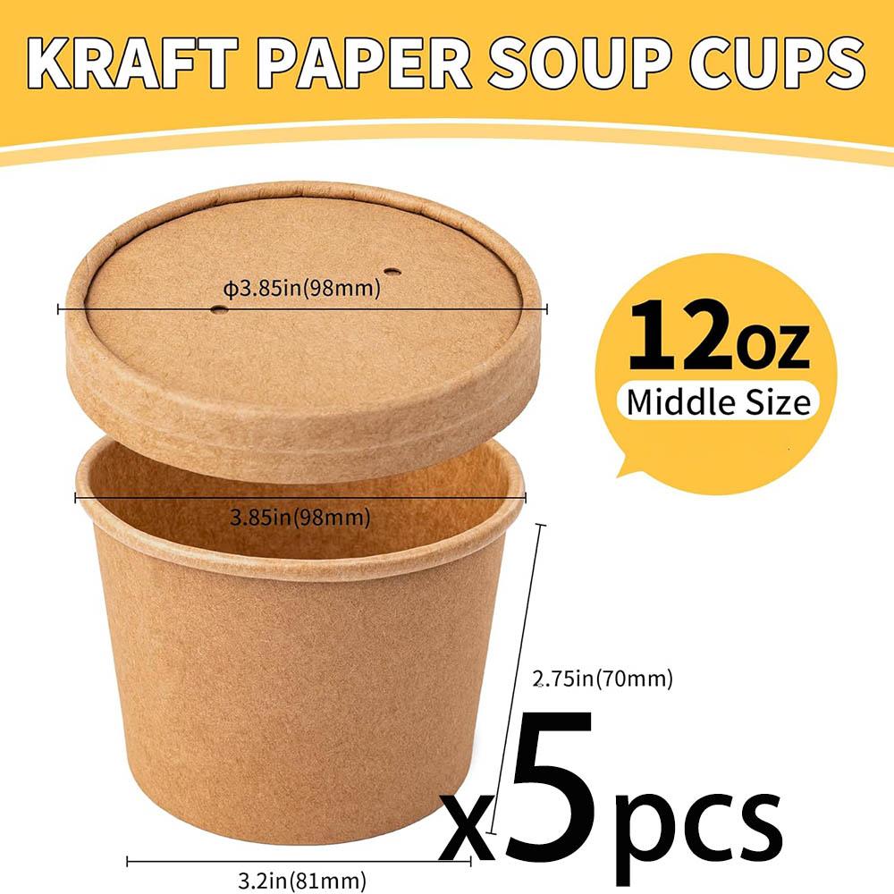 Soup Containers with Lids,Disposable and Biodegradable Ice Cream Cups Kraft 12oz Paper Soup Bowls with Lid for Hot Drinking,Food