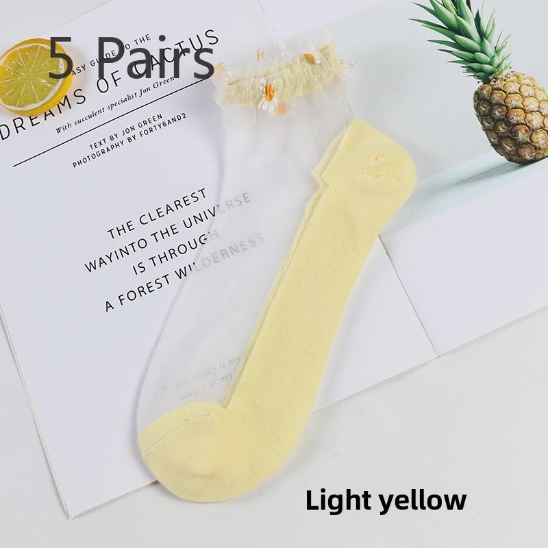 5 Pairs Spring/Summer Glass Wire Boat Socks Sewn with Daisy Lace Transparent Silk Women's Boat Socks