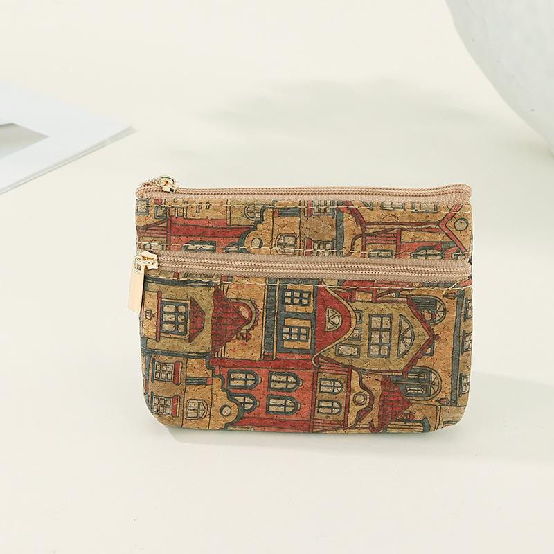 Fashion Cork Coin Purse Ethnic Style Double Layer Zipper Money Bag Luxury Retro Clutch Pocket Wallets