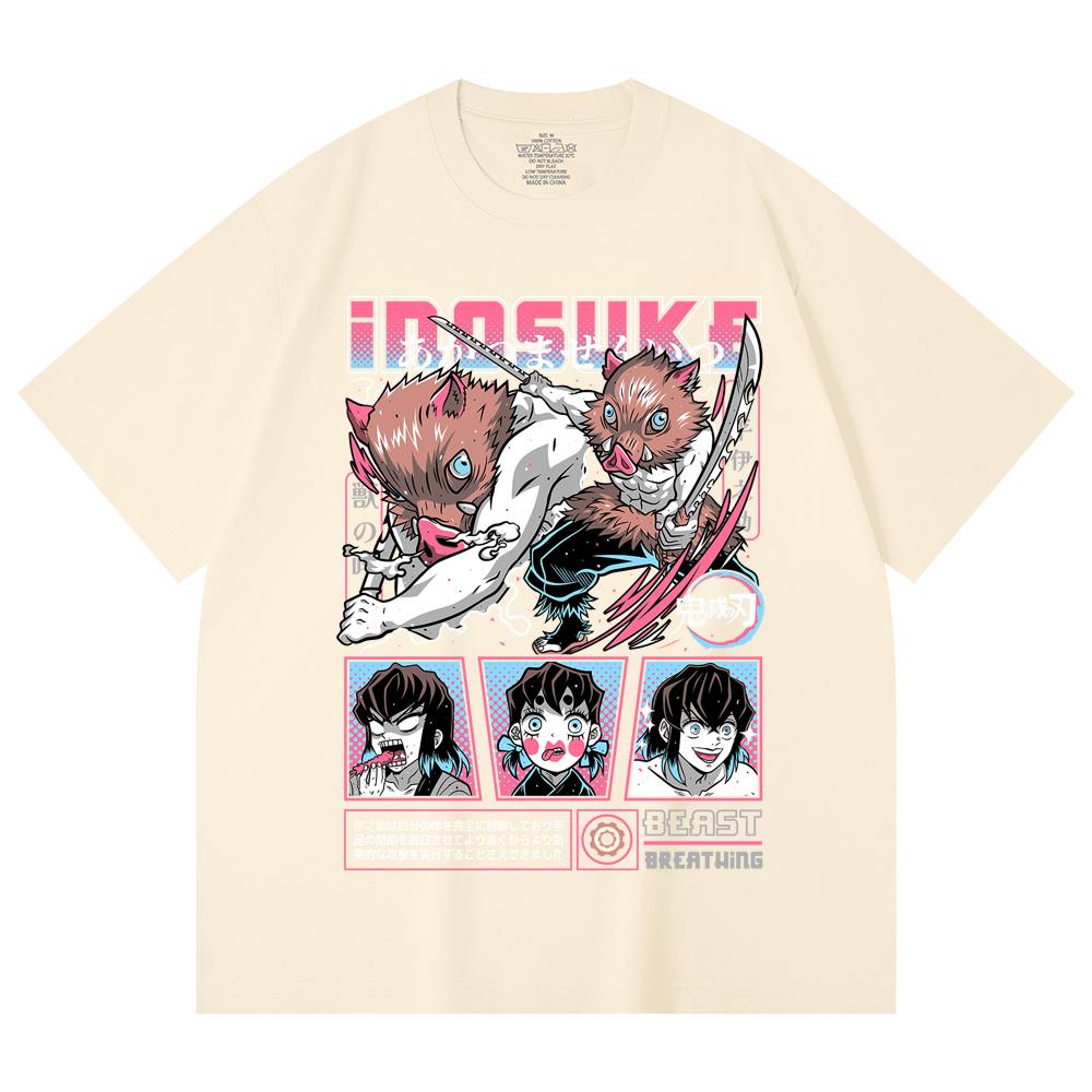 230 Gsm 100% Cotton Demon Slayer V28 Inosuke Print Unisex Heavy Cotton T Shirt