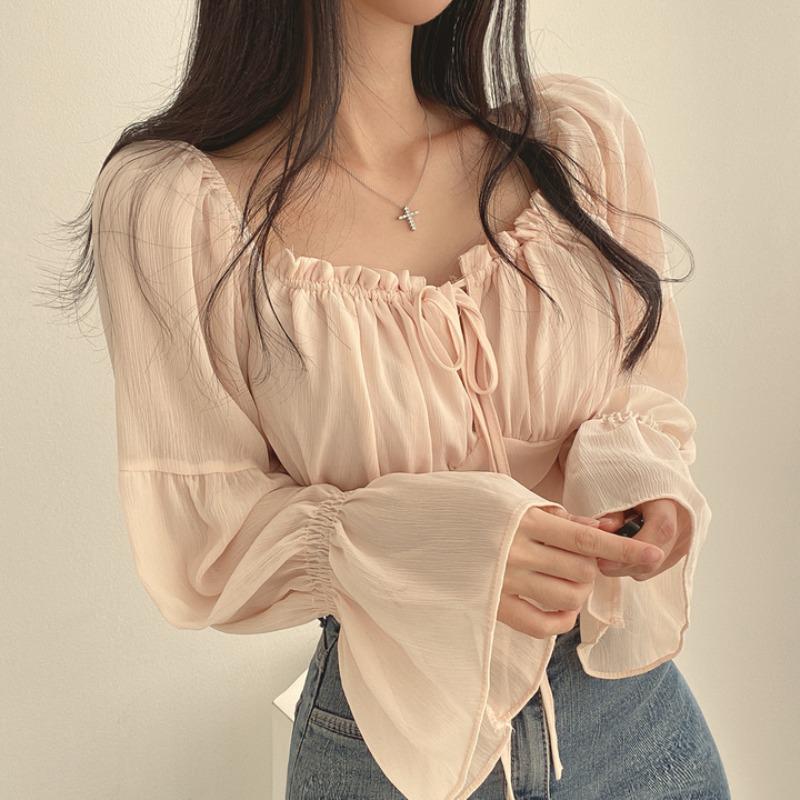Korean Chic One-Shoulder Ruffled Puff Sleeve Chiffon Top