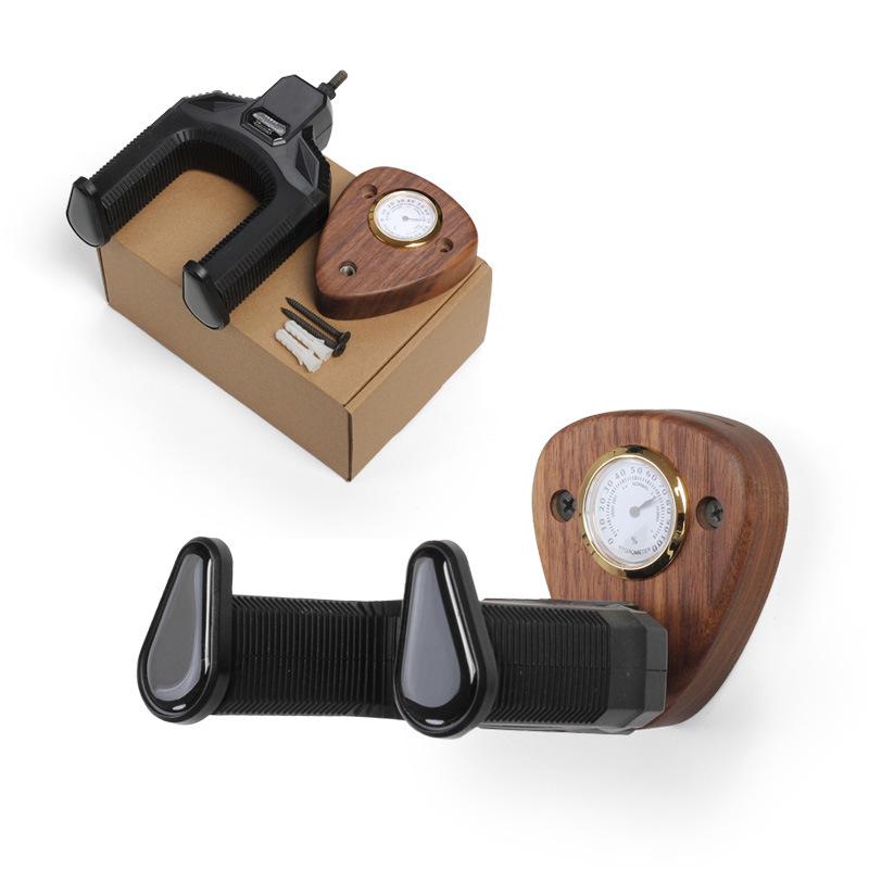 Walnut Guitar Hanger with Humidity Monitor - Gravity Lock Wall Mount for Folk & Electric Guitars