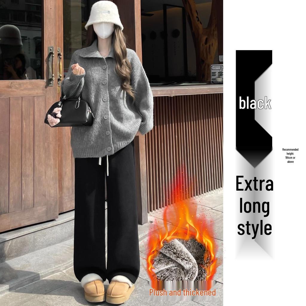 Women's High Waist Brown Velvet Corduroy Pants - Drape Wide Leg, Warm Lambswool Lining