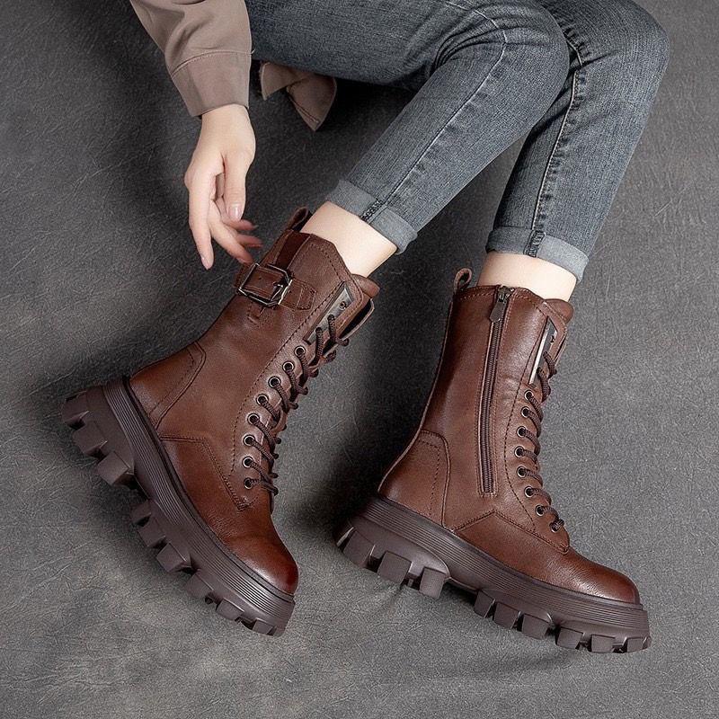 Fashion Autumn Winter Fleece-Lined Round Toe Leather Platform Ladies Mid Calf Shoes Chic and Elegant with Laces Women's Half High Boots