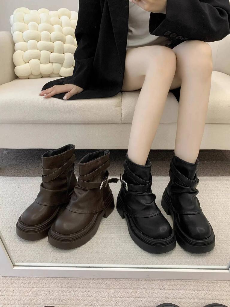New Women'S Boots Black Short Tube Chunky Heel Ankle Boots Spring Autumn Versatile British Retro Maillard Boots