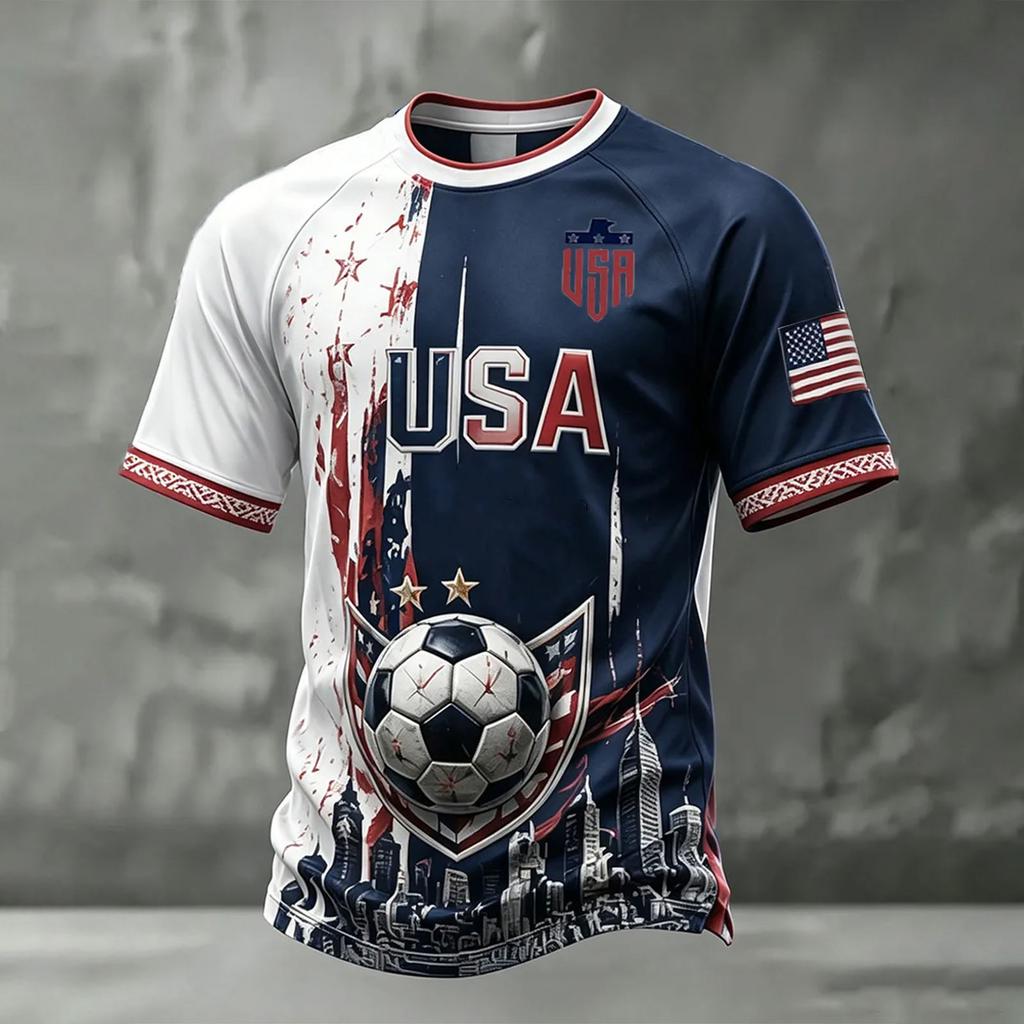 Męska casualowa, lekka, oddychająca koszulka z krótkim rękawem i okrągłym dekoltem z nadrukiem USA 2026 Design Koszulka na temat piłki nożnej