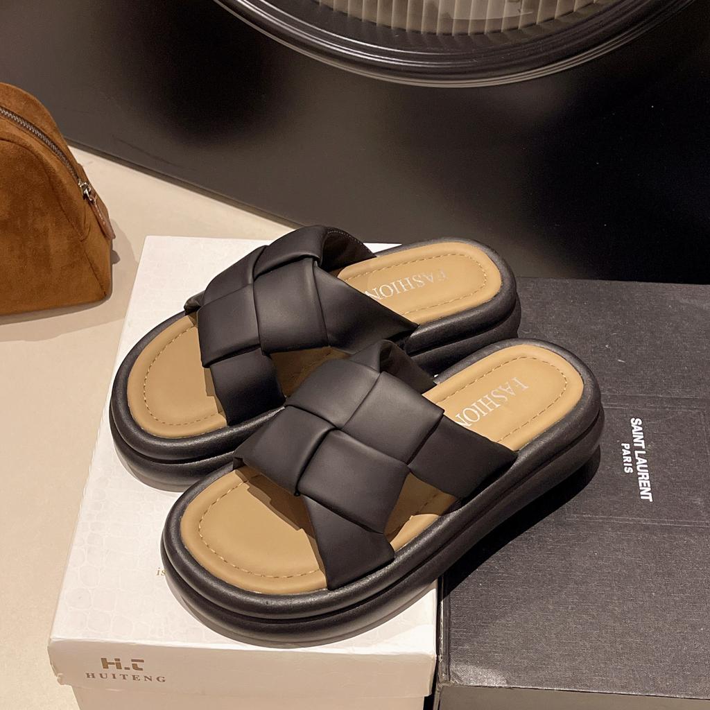 2025 lato nowe wersja koreańska na grubej podeszwie casualowe tkane jednosłowne fajne kapcie kwadratowa podeszwa miękka podeszwa sandały plażowe damskie