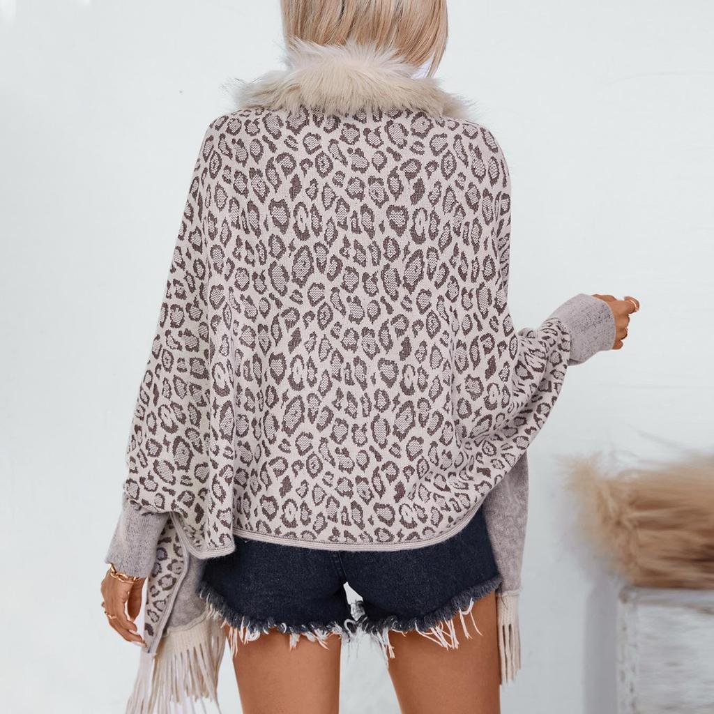 Autumn/Winter Leopard Print Fur Collar Batwing Sleeve Cardigan for Women