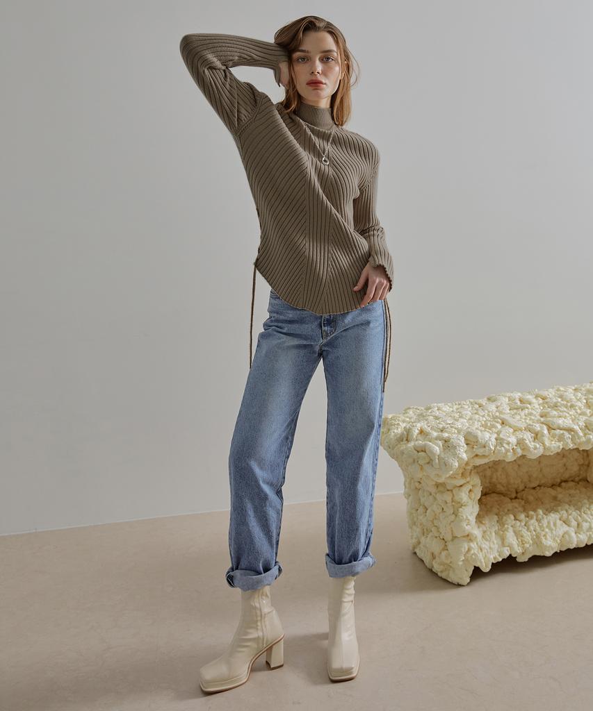 ETMON Slit Sleeve Side Strap Knit Top Mocha