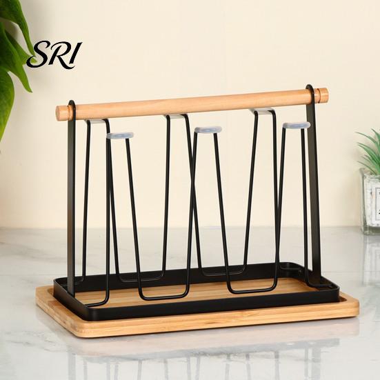 Nordic Style Cup Holder Iron Drying Rack with Wood Handle & Drip Tray Baby Bottle Plastic Dryer Space-Saving Countertop Organizer for Mugs Glasses