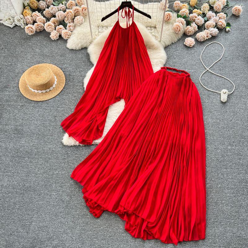 

Seaside Vacation Style Chiffon Shirt Heavy Industry Pleated Halterneck Red L