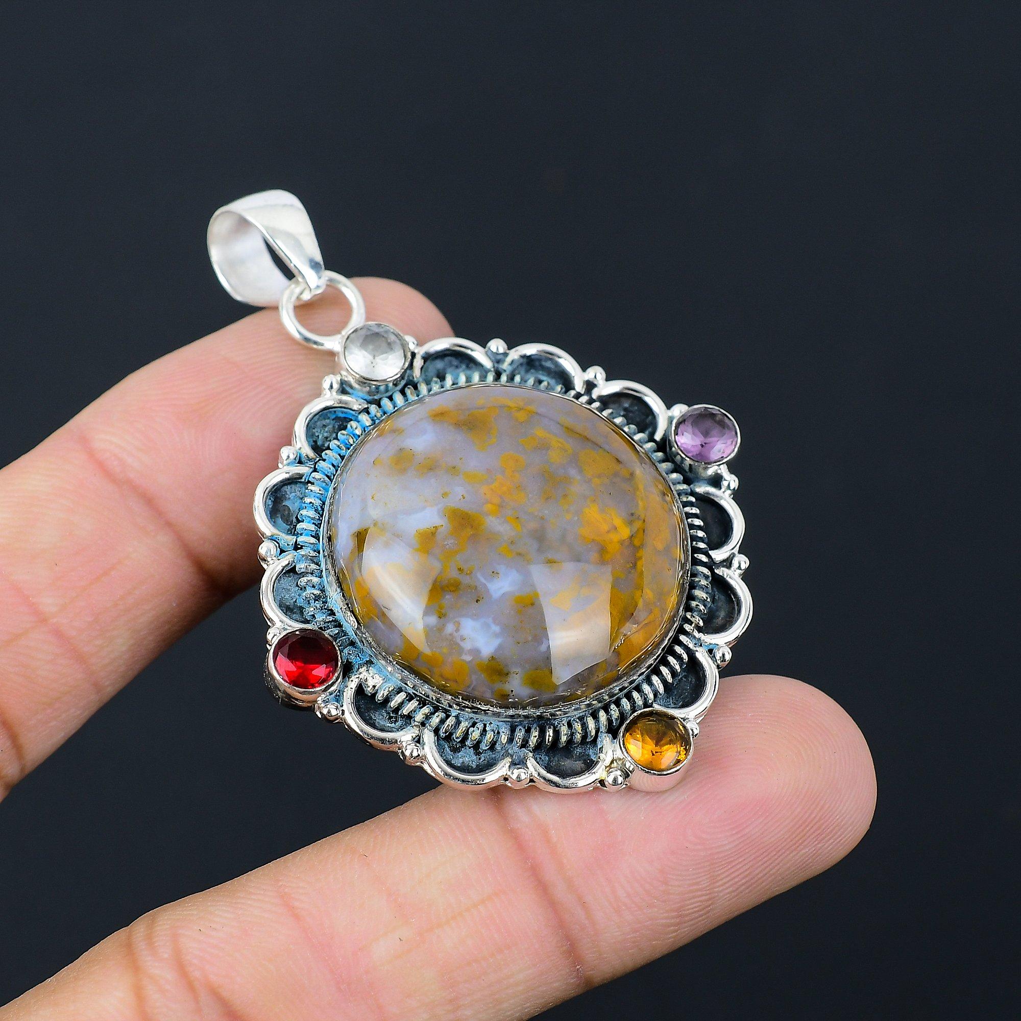 Sisters Day Sale Round Plume Agate Stone Amethyst Trendy Pendant Sterling Silver