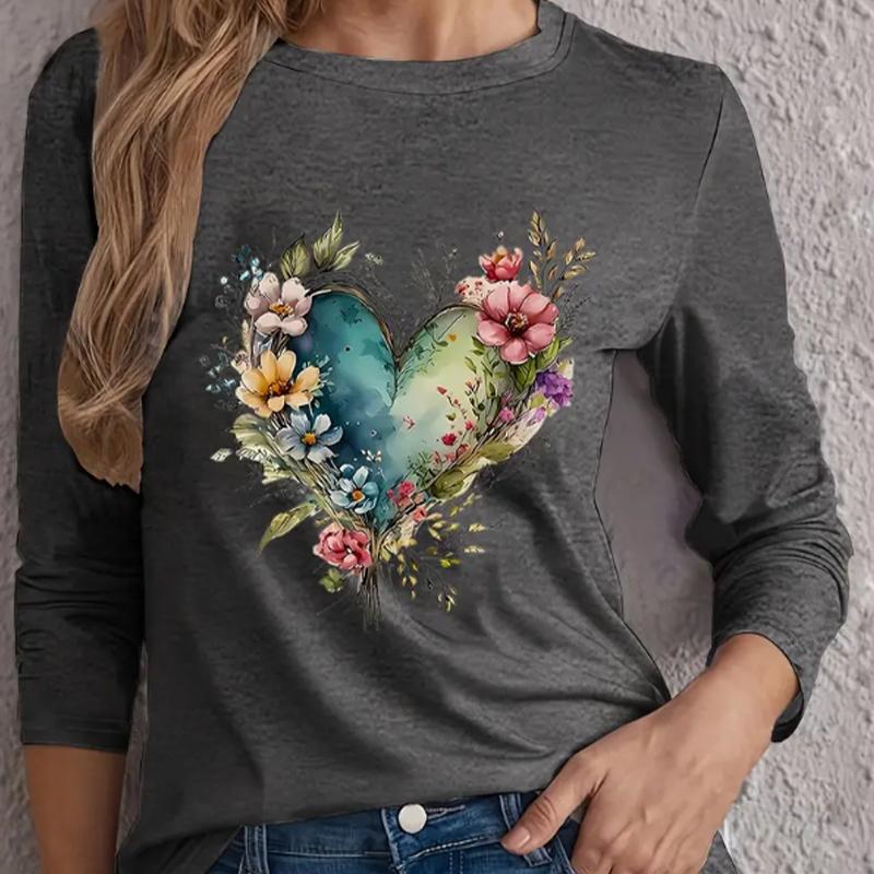 Tops For Women Love Shaped Flower Butterfly Print Round Neck Long Sleeve T-shirt Fall Casual Slim Pullover Women's Long Sleeve Top