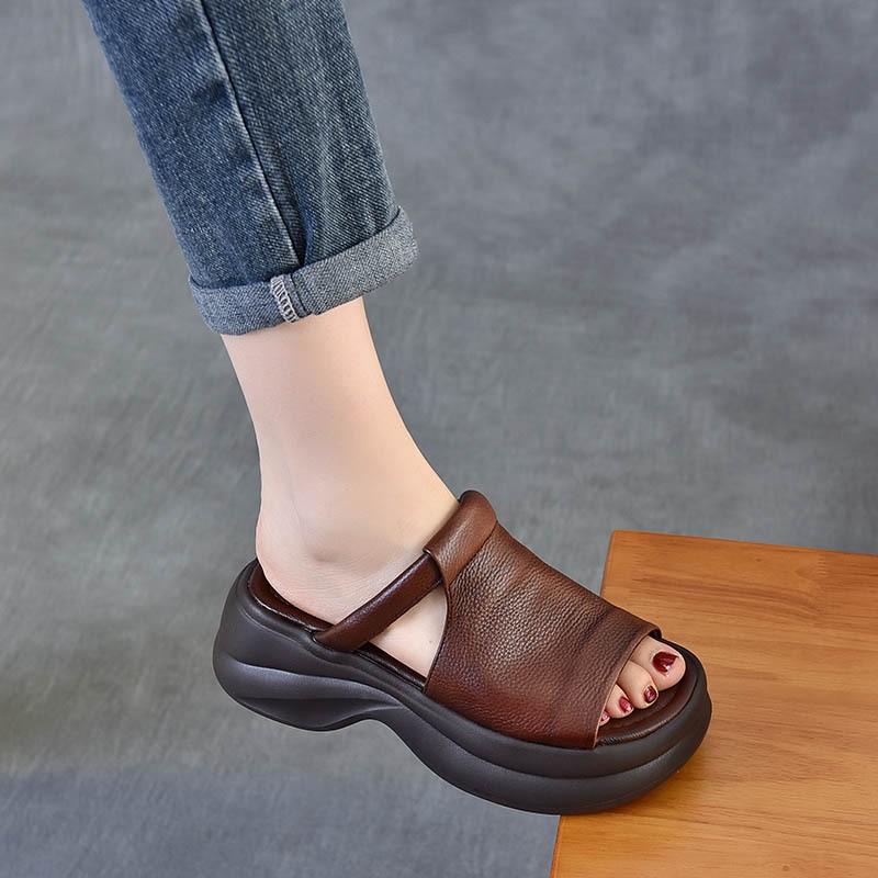 Johnature Genuine Leather Retro Thick Soled Peep Toe Outdoor Slippers Versatile Women's Slip-on Shoes