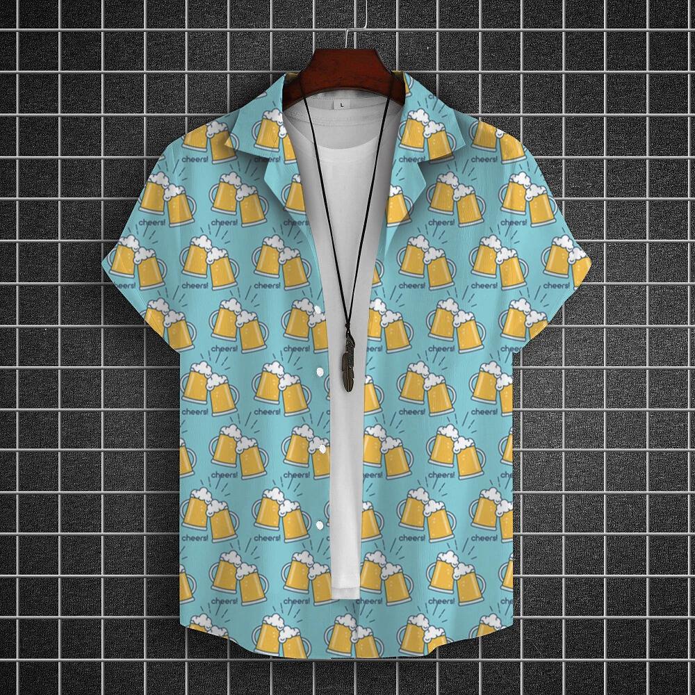 Men's Summer Short Sleeve Hawaiian Shirt Beach Holiday Print Shirt Top 100% Polyester Men's Beer Print Short Sleeve Shirt
