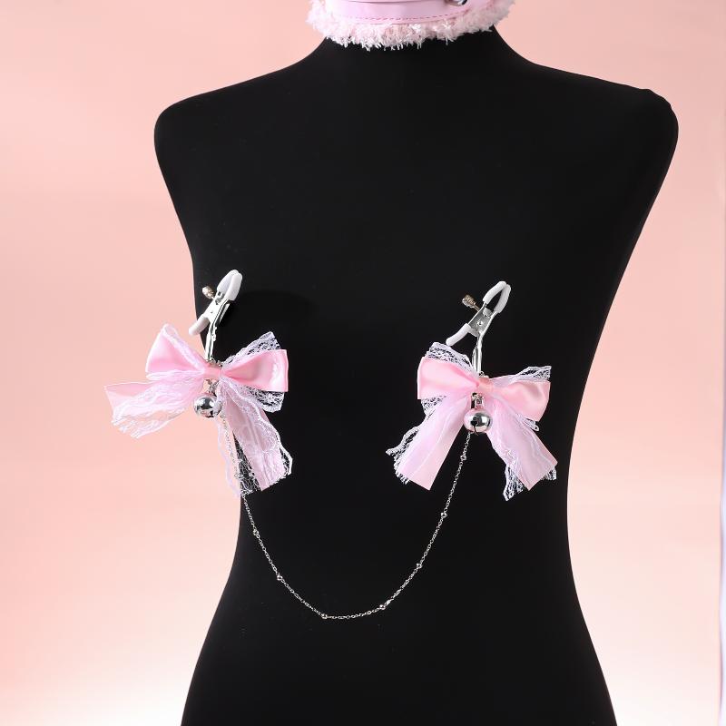 1Pairs Lace Butterfly Knot Bell Nipple Clamps Adult Toy With Chain Sexy Teasing Accessory Polyester Fabric Cute Girl Style