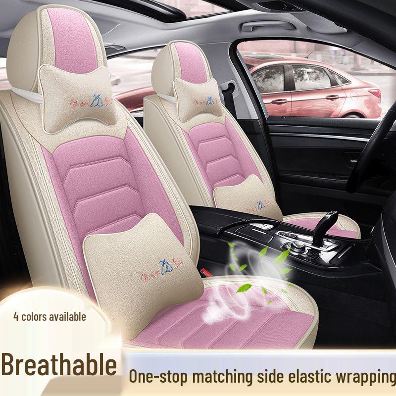 Four Seasons Universal Cotton Linen Car Seat Cushion - Full Coverage Linen Fiber Cover