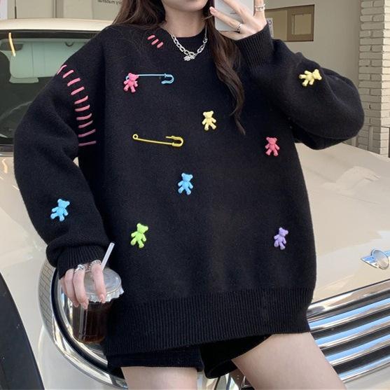 

Autumn new lazy style fashion solid color sweater women s loose pullover casual crew neck crew neck knitted top one size fits all чёрный